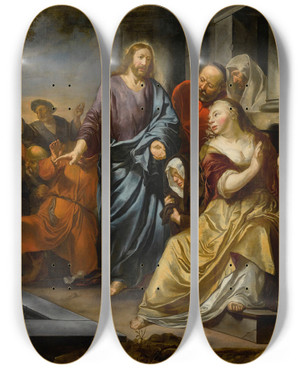 Triptych art skateboard deck of Hendrick Heerschop The Raising Of Lazarus by Hendrick Heerschop (1626-1690)