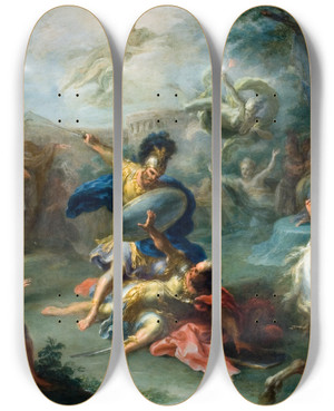 Triptych art skateboard deck of Giacomo Del Po The Fight Between Aeneas And King Turnus From Virgils Aeneid by Giacomo Del Po (1654-1726)