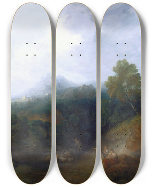 Triptych art skateboard deck of Thomas Gainsborough Landscape With A Flock Of Sheep by Thomas Gainsborough (1727-1788)