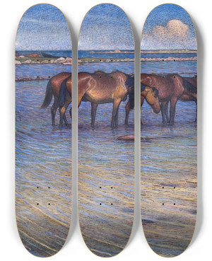 Triptych art skateboard deck of Nils Kreuger Horses Cooling Themselves In Water by Nils Kreuger (1858-1930)