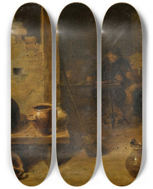 Triptych art skateboard deck of Circle Of David Teniers The Younger Tavern Interior With Peasants Eating In The Background by Circle of David Teniers the Younger (1610-1690)