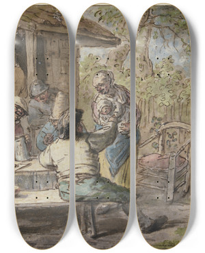 Triptych art skateboard deck of Adriaen Van Ostade Bauern Mit Kindern Vor Einem Haus by Adriaen Van Ostade (1610-1684)