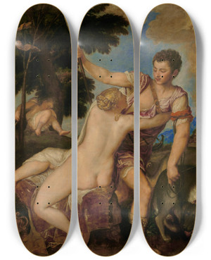 Triptych art skateboard deck of Titian Venus And Adonis by Titian (1488-1576)