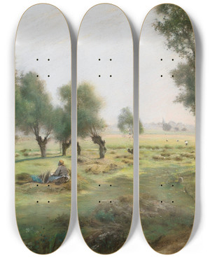 Triptych art skateboard deck of Federico Rossano The Hay Harvest by Federico Rossano (1835-1912)