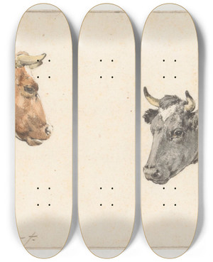 Triptych art skateboard deck of Cornelis Steffelaar Studieblad Met Twee Koeienkoppen by Cornelis Steffelaar (1797-1861)