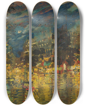 Triptych art skateboard deck of Konstantin Alexeevich Korovin Parisian Boulevard At Night by Konstantin Alexeevich Korovin (1861-1939)