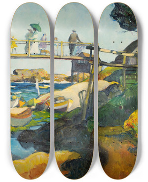 Triptych art skateboard deck of Leon Kroll The Gay Bridge by Leon Kroll (1884-1974)