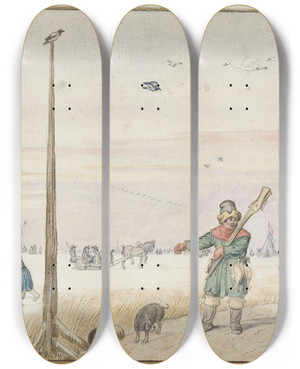 Triptych art skateboard deck of Hendrick Avercamp Winter Landscape With A Duck Hunter With Game In His Belt And His Gun Over His Shoulder On The Bank Of A Frozen River by Hendrick Avercamp (1585-1634)