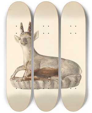 Triptych art skateboard deck of Mina Lowry Deer Figurine_2 by Mina Lowry (1894-1942)