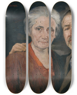 Triptych art skateboard deck of Jozef Hanula The Artist With His Wife by Jozef Hanula (1863-1944)