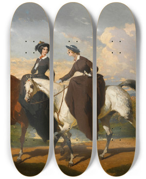 Triptych art skateboard deck of Alfred De Dreux Deux Amazones Au Cheval by Alfred De Dreux (1810-1860)