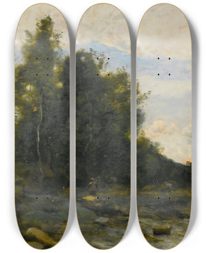 Triptych art skateboard deck of Jeanbaptistecamille Corot Le Torrent Pierreux Crpuscule by Jean-Baptiste-Camille Corot (1796-1875)