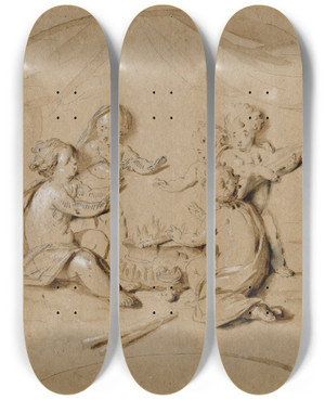 Triptych art skateboard deck of Jacob De Wit Putti Warmen Zich Bij Een Vuur De Winter by Jacob de Wit (1695-1754)
