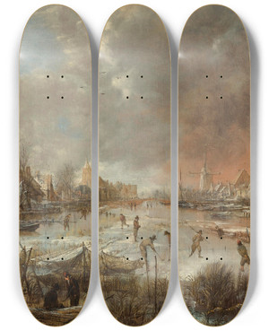 Triptych art skateboard deck of Aert Van Der Neer Winter Landscape With Sportsmen On A Frozen River by Aert van der Neer (1603-1677)