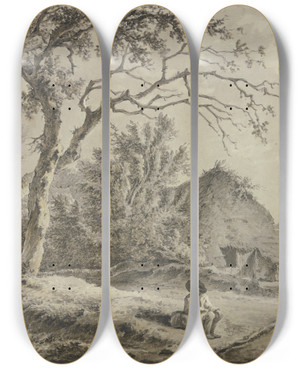 Triptych art skateboard deck of Jan Hulswit Eichen Und Htten Vorn Am Weg Sitzt Ein Ein Wanderer Mit Einem Bndel by Jan Hulswit (1766-1822)