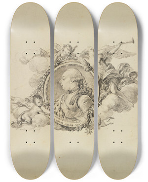 Triptych art skateboard deck of Josef Melling Bildnis Markgraf Carl Friedrichs In Wolken Von Fama Und Putten Umgeben by Josef Melling