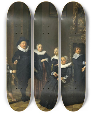 Triptych art skateboard deck of School Of Haarlem Portrait Of A Family In An Elegant Interior by Haarlem School