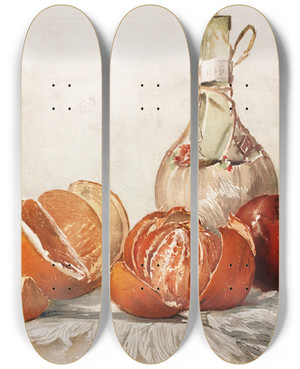 Triptych art skateboard deck of E Meyner Oranges And Wine Bottle by E Meyner (20-)