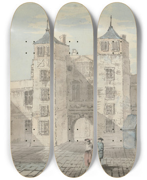 Triptych art skateboard deck of Thomas Theodosius Forrest Old Somerset House by Thomas Theodosius Forrest (1728-1784)