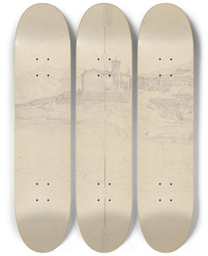 Triptych art skateboard deck of August Lucas View Of Segni by August Lucas (1803-1863)