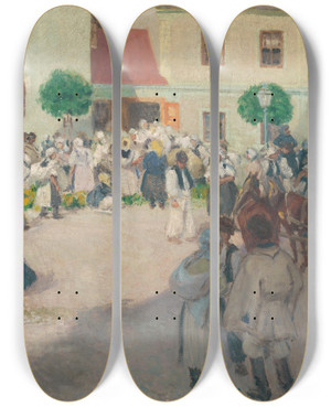 Triptych art skateboard deck of Milo Jirnek Market In Myjava by Milos Jiranek (1875-1911)