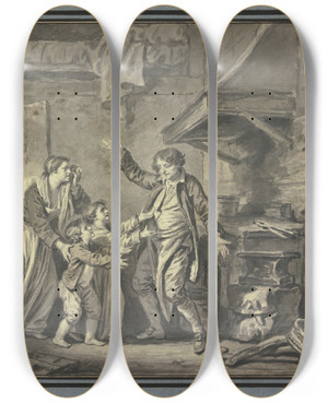 Triptych art skateboard deck of Jeanbaptiste Greuze In Einer Schmiede Fleht Ein Weib Mit Zwei Kindern Einen Mann An by Jean-Baptiste Greuze (1725-1805)