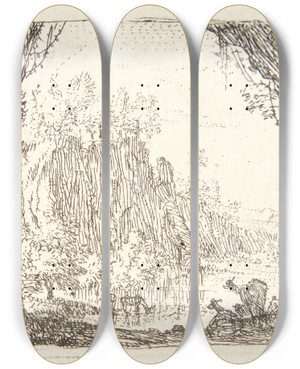 Triptych art skateboard deck of Karel Dujardin Geder Ved En Flod by Karel Dujardin (1622-1678)