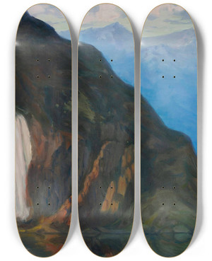 Triptych art skateboard deck of Kazimierz Stabrowski Landscape With A Waterfall by Kazimierz Stabrowski (1869-1929)