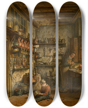 Triptych art skateboard deck of Henri De Braekeleer The Tinker by Henri de Braekeleer (1840-1888)