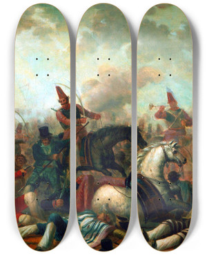 Triptych art skateboard deck of Carlos Morel Combate De Caballera En La Poca De Rosas_1 by Carlos Morel (1813-1894)