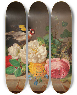 Triptych art skateboard deck of Josef Lauer Rosenstck Mit Stieglitz Und Vogelnest by Josef Lauer (1818-1881)