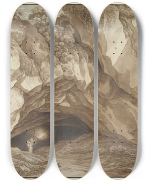 Triptych art skateboard deck of Johann Christian Reinhart Rocky Landscape With Hunters by Johann Christian Reinhart (1761-1847)