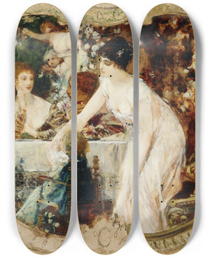Triptych art skateboard deck of Gustav Klimt Table Delights Study For The City Theatre In Karlsbad Today Karoly Vary Cz by Gustav Klimt (1862-1918)