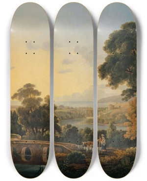 Triptych art skateboard deck of Peter Birmann Hilly Landscape With River And Bridge by Peter Birmann (1758-1844)