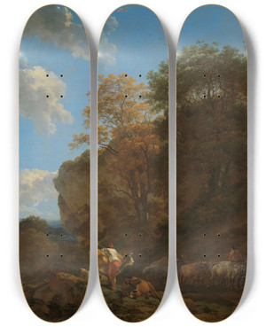 Triptych art skateboard deck of Nicolaes Pietersz Berchem Italian Landscape_3 by Nicolaes Pietersz Berchem (1620-1683)