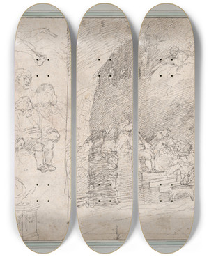 Triptych art skateboard deck of John Hamilton Mortimer The Reviewers Cave by John Hamilton Mortimer (1740-1779)