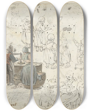 Triptych art skateboard deck of Christina Chalon Schetsen Van Goudweegster En Kinderen by Christina Chalon (1748-1808)