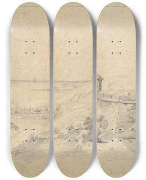 Triptych art skateboard deck of Camille Pissarro La Tehin De Laguayra by Camille Pissarro (1830-1903)
