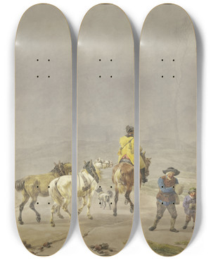Triptych art skateboard deck of Wilhelm Von Kobell Reitender Postillion Mit Zwei Handpferden In Winterlicher Landschaft by Wilhelm von Kobell (1766-1853)