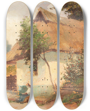 Triptych art skateboard deck of Goston Cs Ungarisches Bauernhaus by Agoston Acs (1889-1947)