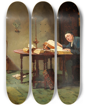Triptych art skateboard deck of Howard Helmick The Bookworm by Howard Helmick (1845-1907)