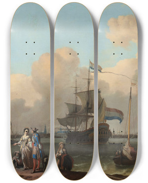 Triptych art skateboard deck of Ludolf Bakhuysen The Y At Amsterdam With The Frigate De Ploeg by Ludolf Backhuysen (1630-1708)