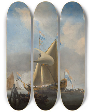 Triptych art skateboard deck of Willem Van De Velde The Younger A Calm With A States Yacht Firing A Salute by Willem van de Velde the Younger (1633-1707)