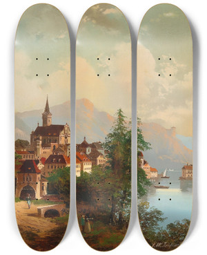 Triptych art skateboard deck of Johann Wilhelm Jankowski Blick Auf Eine Stadt Und Ein Wasserschloss by Johann Wilhelm Jankowski (1825-1870)