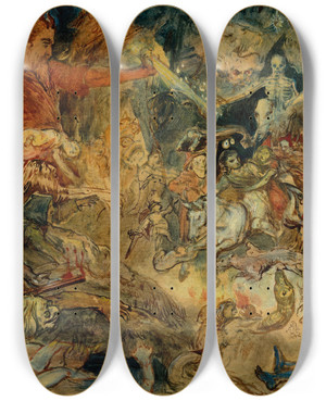 Triptych art skateboard deck of Theodor Von Holst The Witches Sabbath by Theodor Von Holst (1810-1844)