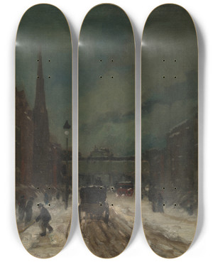 Triptych art skateboard deck of Robert Henri Street Scene With Snow 57Th Street Nyc by Robert Henri (1865-1929)