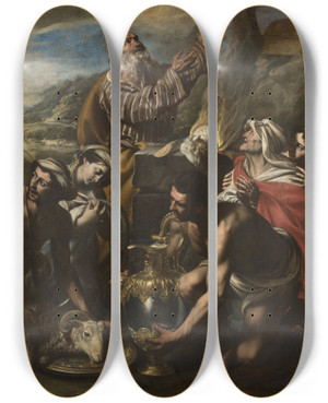 Triptych art skateboard deck of Francesco De Rosa Sacrifice Of Noah by Francesco Rosa