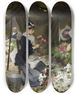 Triptych art skateboard deck of Victor Gabriel Gilbert A Flower Seller Making Her Bouquets by Victor Gabriel Gilbert (1847-1933)