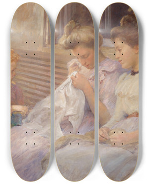 Triptych art skateboard deck of Franois Guiguet The Young Seamstresses by Francois Guiguet (1860-1937)