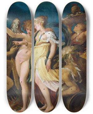 Triptych art skateboard deck of Andrea Schiavone The Marriage Of Cupid And Psyche by Andrea Schiavone (1500-1563)